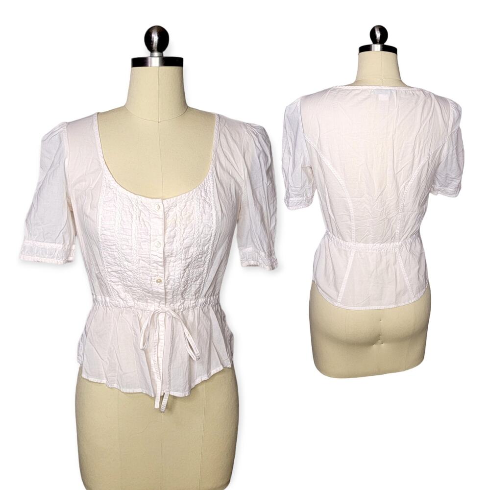 LIL Anthropologie Blouse Size 4 White Peasant Puff Sleeve Button Cottagecore Top